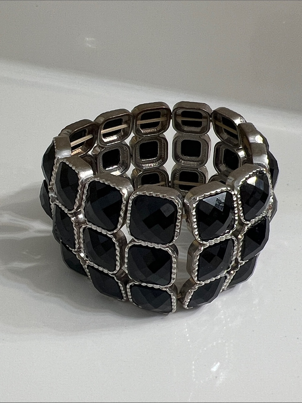 Vintage Black and Silver Faceted Stretch Bracelet